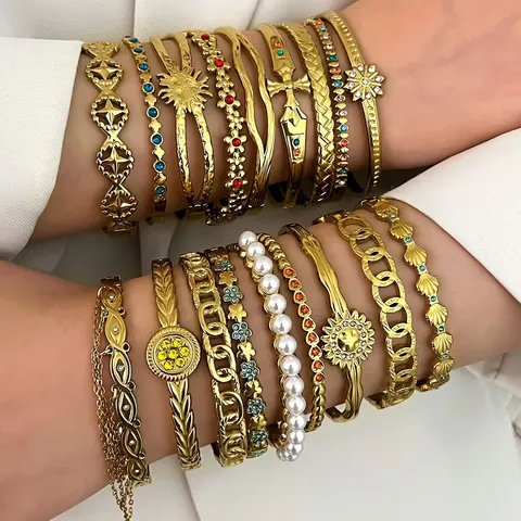 Vintage Stainless Steel Bangle For Women Bohemian Rhinestone Artificial Pearl Stackable Cuff Bracelet Gold Silver Jewelry