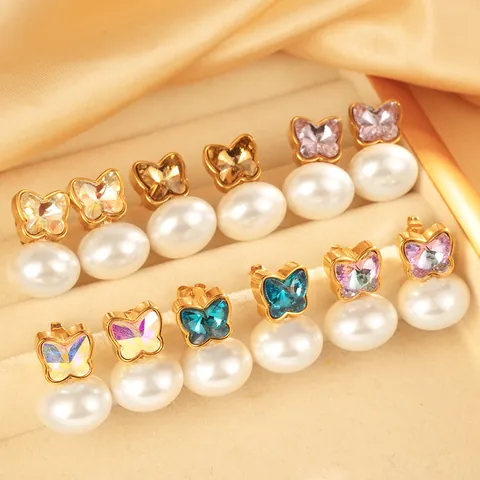 Orecchini a Bottone in Acciaio Inossidabile 304 a Farfalla con Perla Artificiale per Donna Gioielli di Lusso Leggeri con Strass