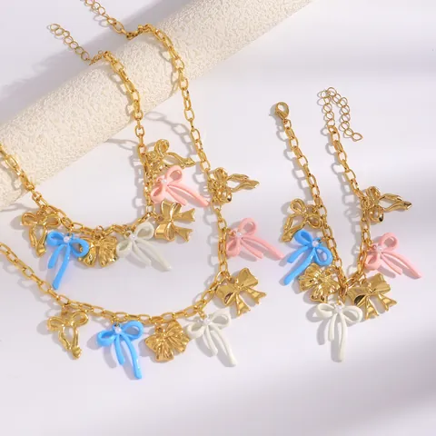 Sweet Alloy Multicolor Enamel Bowknot Pendant Necklace Bracelet Anklet Artificial Pearl Decorative Jewelry For Women Beach Daily