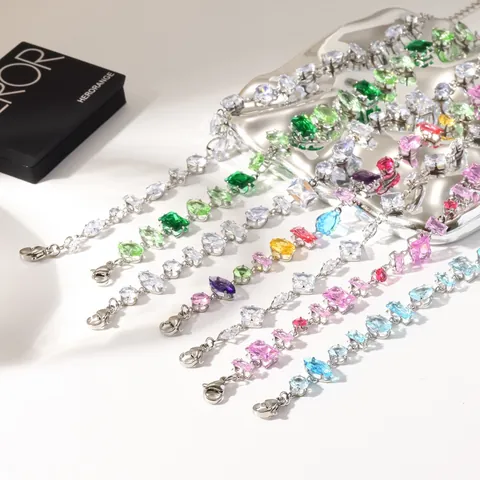Stainless Steel Colorful Rhinestone Bracelet For Women Dopamine Style Light Luxury Adjustable Chain Bracelet Jewelry Gift