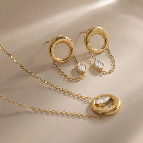 Minimalist 18K Gold Plated Stainless Steel Jewelry Set Marquise Rhinestone Pendant Necklace Circle Stud Earrings For Women
