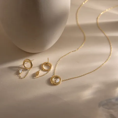 Minimalist 18K Gold Plated Stainless Steel Jewelry Set Marquise Rhinestone Pendant Necklace Circle Stud Earrings For Women