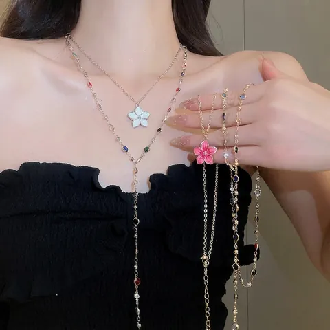 Luxury Rainbow Crystal Beaded Flower Pendant Necklace For Women Double Layer Enamel Floral Choker Chain Sweet Vacation Jewelry