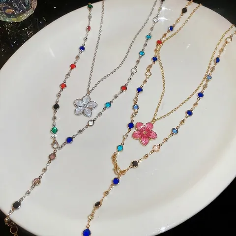 Luxury Rainbow Crystal Beaded Flower Pendant Necklace For Women Double Layer Enamel Floral Choker Chain Sweet Vacation Jewelry