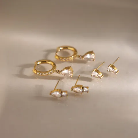 Simple Stainless Steel 18K Gold Plated Zirconia Earring Set Pear Shaped Zirconia Stud And Hoop Earrings For Women Daily Jewelry