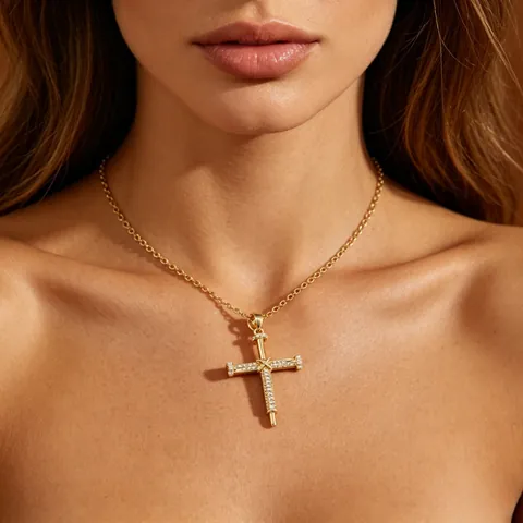 Stainless Steel Copper Zirconia Cross Pendant Necklace Earring Set Hip Hop Fashion Gold Silver Crucifix Jewelry For Women