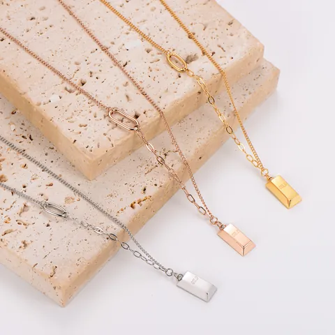 Minimalist 304 Stainless Steel 18K Gold Plated Bullion Pendant Necklace Unique Double Stitch Mixed Link Chain Geometric Gold Bar Neckwear For Women Jewelry Gift