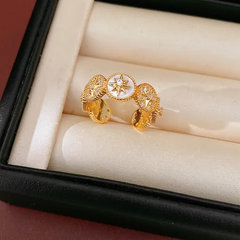 Eighteen Karat Gold Plated Zirconia Oval Starry Open Ring Vintage French Artistic Adjustable Copper Ring For Women Elegant Finger Jewelry