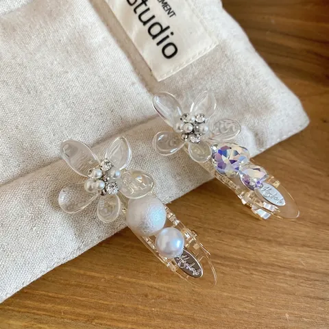 Korean Exquisite Transparent Flower Hair Clip With Artificial Pearl Rhinestone Elegant Duckbill Clip For Women Fashion Headwear