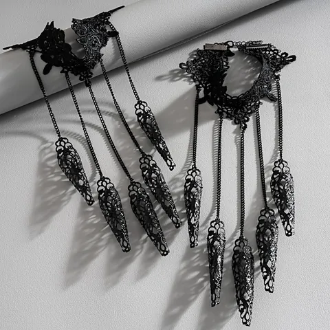 Pulsera de Anillo de Encaje Gótico Negro Hueco Cadena de Mano Garras de Metal Joyería Vintage Dark para Mujer Halloween