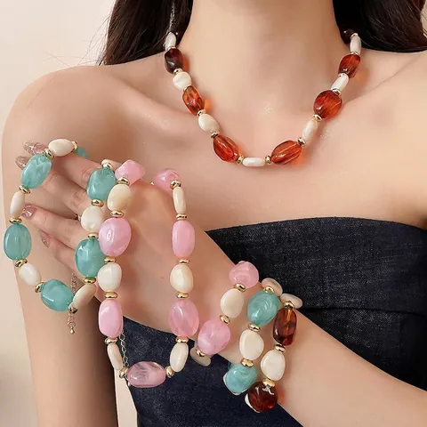 Vintage Acryl Geometrisches Oval Perle Halskette Armband Für Damen Böhmischen Schmuck Set Rosa Grün Bernstein Bunter Schmuck