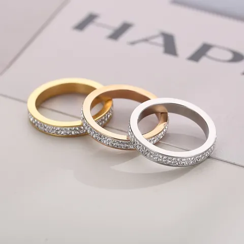 Anillo De Circonita Cúbica Micro Pavé Acero Inoxidable Titanio Banda Brillante Para Mujeres Parejas
