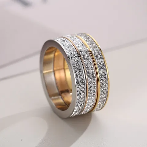 Stainless Steel Double Row Rhinestone Ring Minimalist Pavé Set Full Diamond Matching Band For Men Women