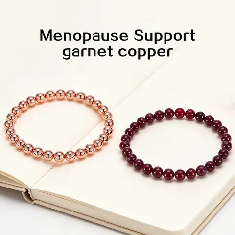 Natural Garnet Copper Bead Bracelet Set For Menopause Support Healing Crystal Beaded Stretch Bracelet Men Women Jewelry Gift