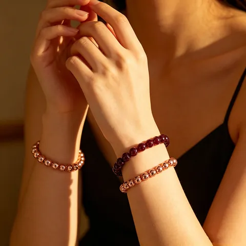 Natural Garnet Copper Bead Bracelet Set For Menopause Support Healing Crystal Beaded Stretch Bracelet Men Women Jewelry Gift