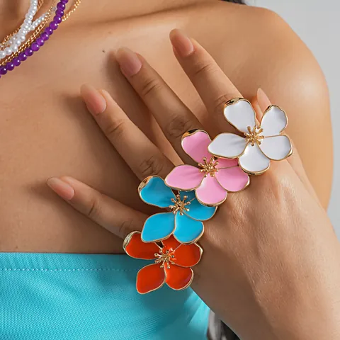 Western Style Metallic Drip Oil Flower Ring For Women Simple Sweet Fashionable Alloy Finger Ring Index Finger Decoration Jewelry