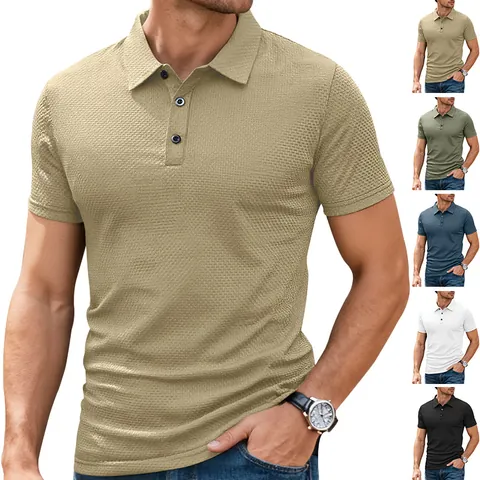 Men Polo Shirt Short Sleeve Nylon Spandex Waffle Knit Breathable Business Casual Sporty Lapel Top