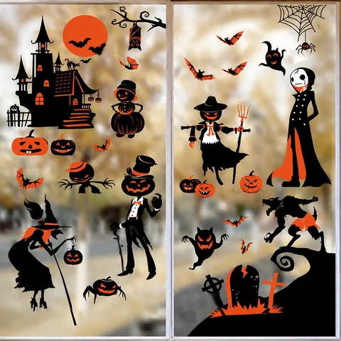 Halloween Window Stickers Static Clings Double Sided PVC Pumpkin Ghost Castle For Party Glass Decoration Waterproof