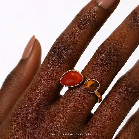 Vintage Offener Ring Edelstahl Mit Natürlichem Tigerauge Und Rotem Achat Verstellbarer Trendiger Schmuck