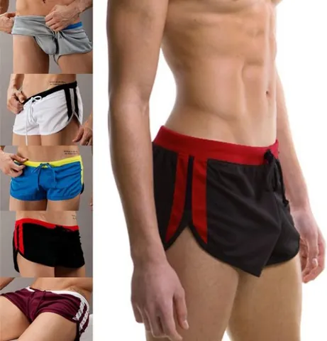 Damen Sportlich Schnelltrocknende Shorts Niedrige Taille Kordelzug Seitenschlitz Kontraststreifen Gym Running Training Herren