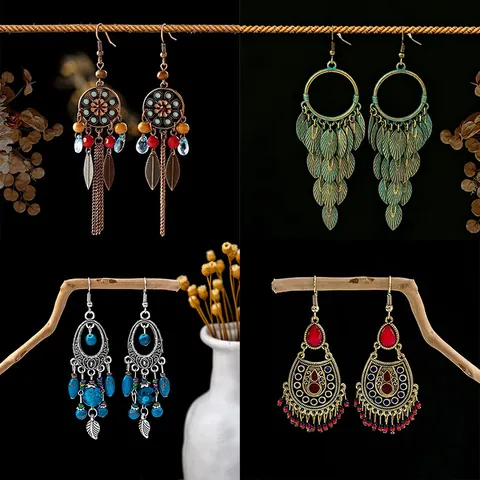 Bohemian Ethnic Long Tassel Earrings For Women Vintage Tribal Feather Wood Bead Shell Drop Earrings Beach Vacation Jewelry