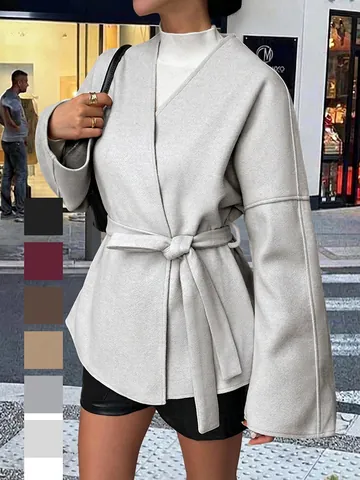 Giacca Cappotto Donna Elegante Manica Lunga Con Cintura Scollo A V Largo Colore Solido Outwear Poliestere
