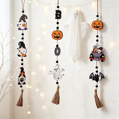 Decorazione Sospesa Halloween Perline In Legno Zucca Gnomo Pipistrello Ghirlanda Nappa Arredo Rustico