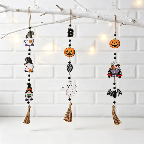 Decorazione Sospesa Halloween Perline In Legno Zucca Gnomo Pipistrello Ghirlanda Nappa Arredo Rustico