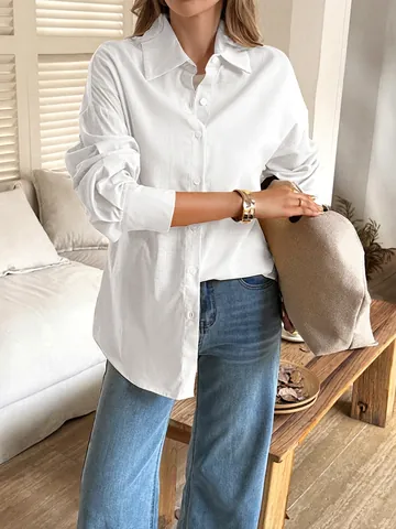 Women Blouse Shirt Long Sleeve Cotton Linen Texture Solid Color Loose Casual Vacation Streetwear Button Down