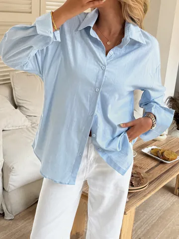 Women Blouse Shirt Long Sleeve Cotton Linen Texture Solid Color Loose Casual Vacation Streetwear Button Down