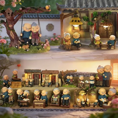 Resin Elderly Couple Figurines And Lucky Cat Ornaments Hand Painted Miniature Statues For Shelves Home Decor Anniversary