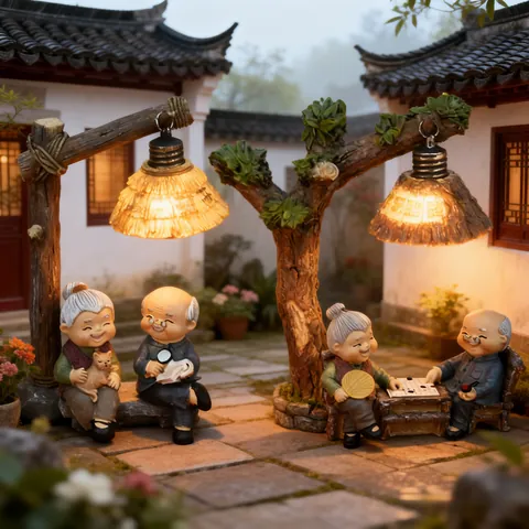 Resin Elderly Couple Figurines And Lucky Cat Ornaments Hand Painted Miniature Statues For Shelves Home Decor Anniversary