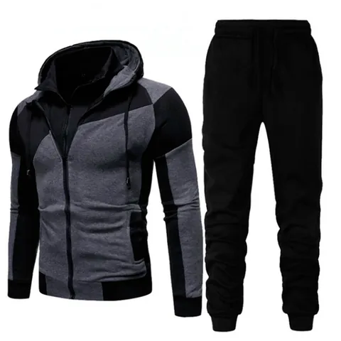 Men Casual Tracksuit Set Hooded Zipper Jacket And Sport Pants Color Block Splicing Sportswear For Running Fitness Men Clothing