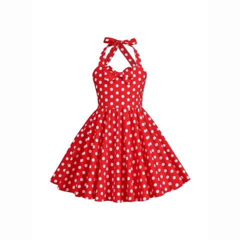Mädchen Vintage Neckholder Kleid Hepburn Stil A-Linie Sommer Party Sonnenkleid Polka Dot Erdbeere Kirsche Print Schleife Kleidung