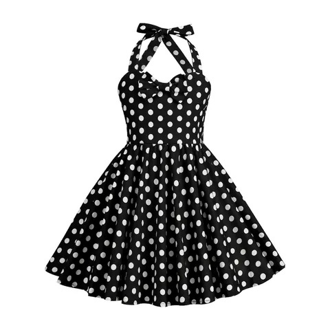 Mädchen Vintage Neckholder Kleid Hepburn Stil A-Linie Sommer Party Sonnenkleid Polka Dot Erdbeere Kirsche Print Schleife Kleidung
