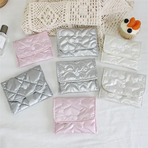 Mini Quilted Heart PU Leather Coin Purse Portable Sanitary Napkin Storage Bag Jewelry Organizer Snap Button Metallic