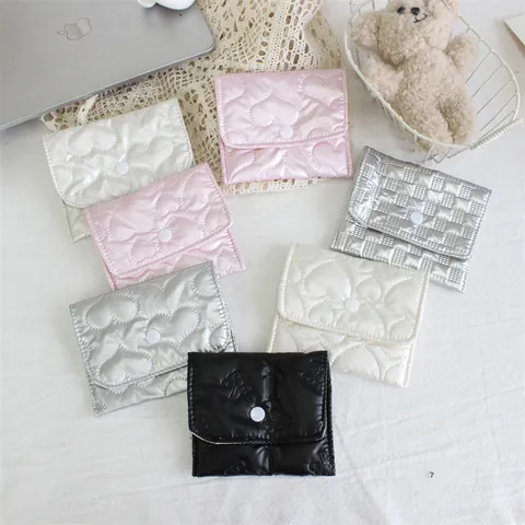 Mini Quilted Heart PU Leather Coin Purse Portable Sanitary Napkin Storage Bag Jewelry Organizer Snap Button Metallic