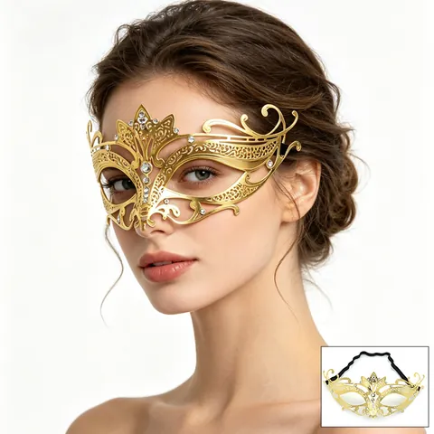 Masquerade Mask Gold Hollow Metal Rhinestone Half Face Venetian Style For Halloween Party Prom Women