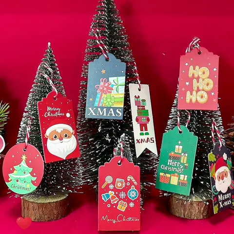 Christmas Gift Tags Paper Hanging Labels Holiday Party Decoration Merry Christmas Pattern With Cotton Rope