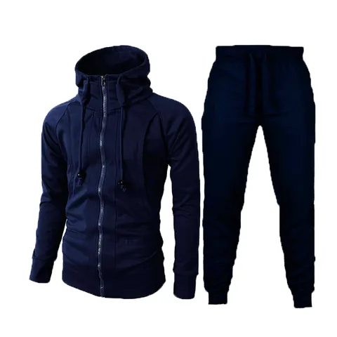 Men's Casual Cotton Blend Sports Suit Hooded Zip-Up Jacket And Jogger Pants Set Solid Color Comfortable Tracksuit Set For Men