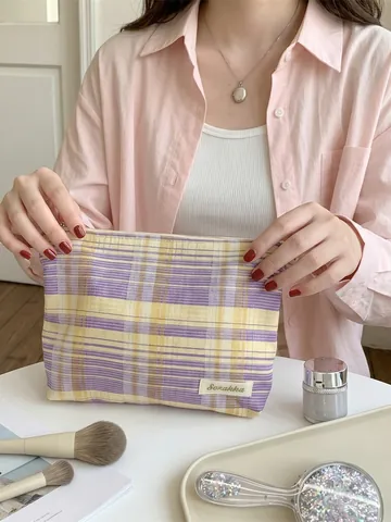 Checkered Cotton Canvas Cosmetic Bag Large Capacity Plaid Makeup Pouch Travel Toiletry Organizer Fresh Minimalist Zippered Bag