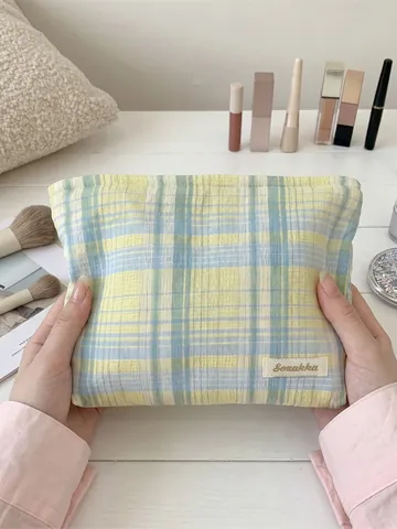 Checkered Cotton Canvas Cosmetic Bag Large Capacity Plaid Makeup Pouch Travel Toiletry Organizer Fresh Minimalist Zippered Bag