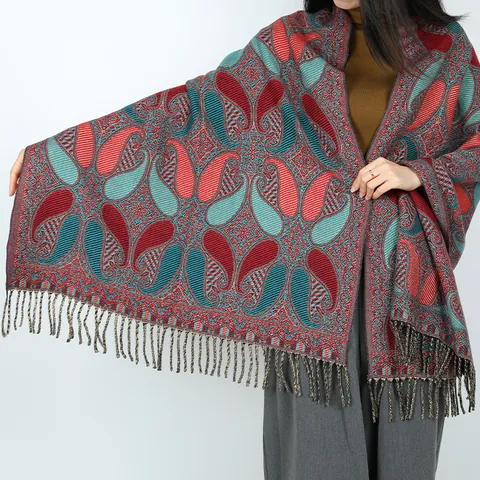 Chal de Jacquard Paisley Étnico Retro para Mujer Invierno Cálido Bufanda Gruesa con Borlas Poncho Capa de Viaje