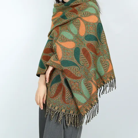 Chal de Jacquard Paisley Étnico Retro para Mujer Invierno Cálido Bufanda Gruesa con Borlas Poncho Capa de Viaje