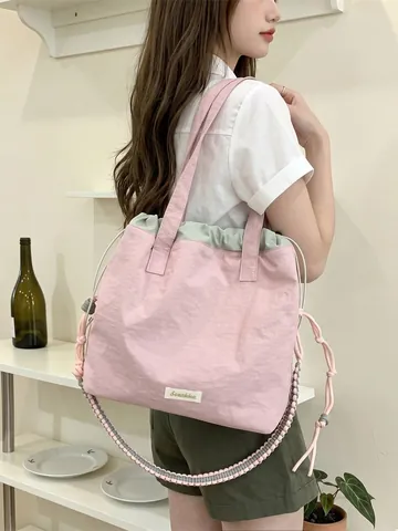 Grand Sac Fourre-tout Pour Femmes Polyester Fermeture À Cordon Patchwork Bandoulière Tressée Style Collège Décontracté
