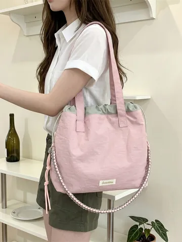 Grand Sac Fourre-tout Pour Femmes Polyester Fermeture À Cordon Patchwork Bandoulière Tressée Style Collège Décontracté