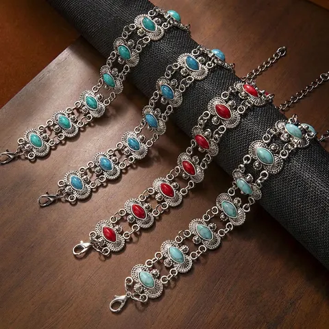 Vintage Boho Turquoise Armband Legering Retro Etnische Stijl Armband Voor Dames