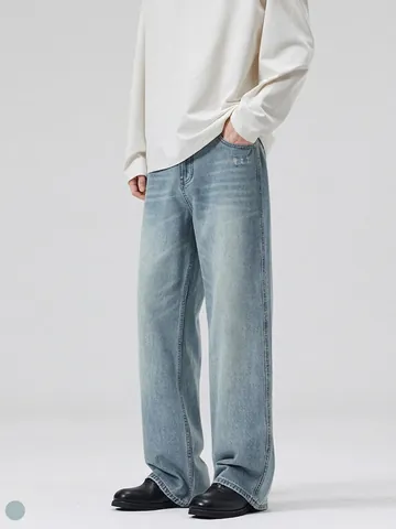 Men's Washed Light Blue Wide Leg Straight Denim Jeans Ripped Cat Whisker Distressed Vibe Style Loose Fit Casual Cotton Pants