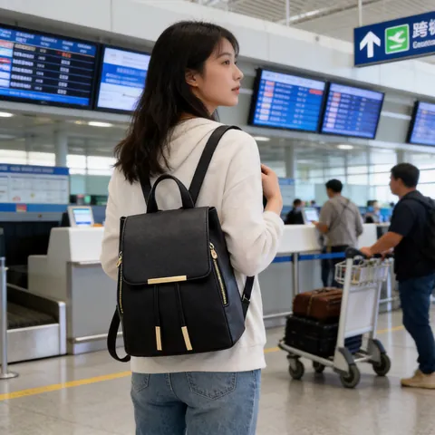 Mochila De Moda Para Mujer Cuero PU Solapa Cordón Decoración Metal Dorado Bolso De Viaje Casual Estilo Elegante Dulce