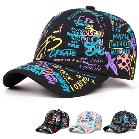Gorra De Béisbol Graffiti De Algodón Estampada Protección Solar Hip Hop Streetwear Sombrero Ajustable Unisex Colorido